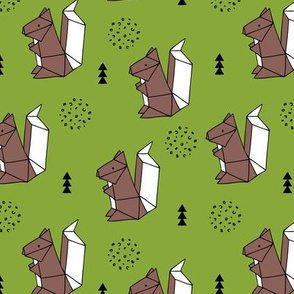 Origami woodland animals cute squirrel geometric triangle and scandinavian style print origami design green brown