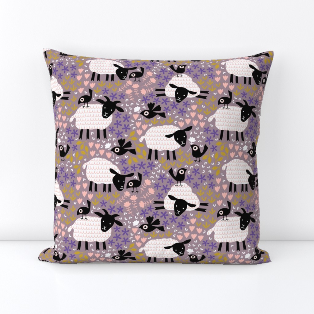 Birds and sheep in blossom plum