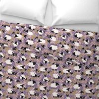 Birds and sheep in blossom plum