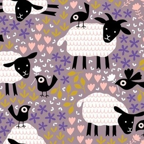 Birds and sheep in blossom plum