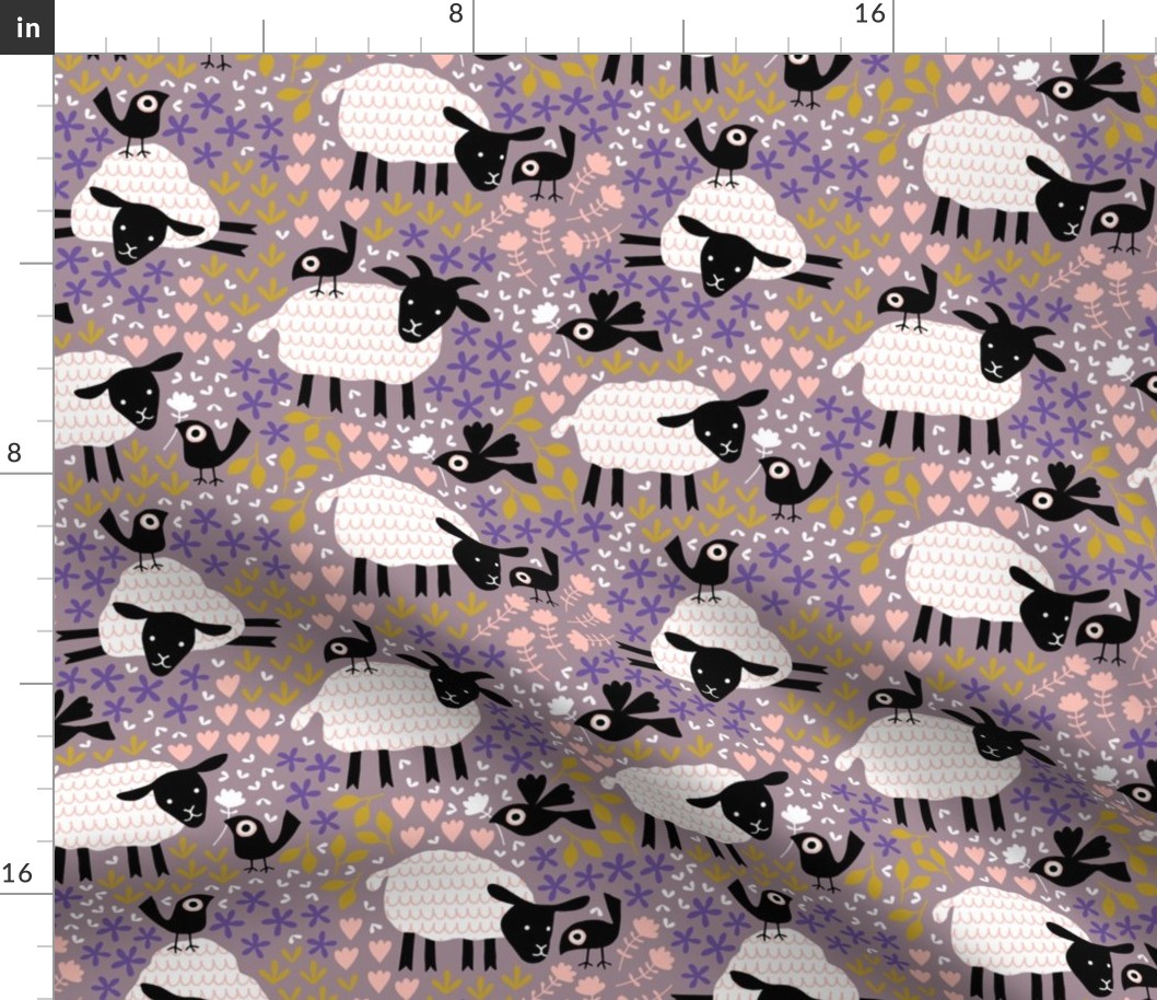 Birds and sheep in blossom plum