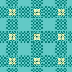 Checker Flowers Teal Yellow