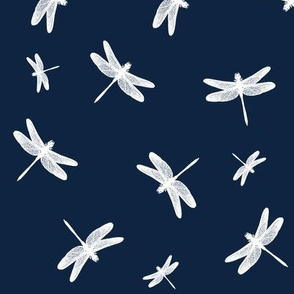 Dancing Dragonflies White On Navy