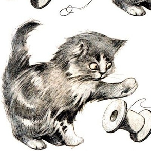 vintage retro kitsch whimsical black cats kittens monochrome black white playing spool thread yarn sewing 