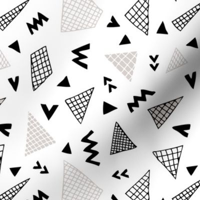 Cool abstract memphis style geometric triangle and arrow shapes gender neutral beige black and white