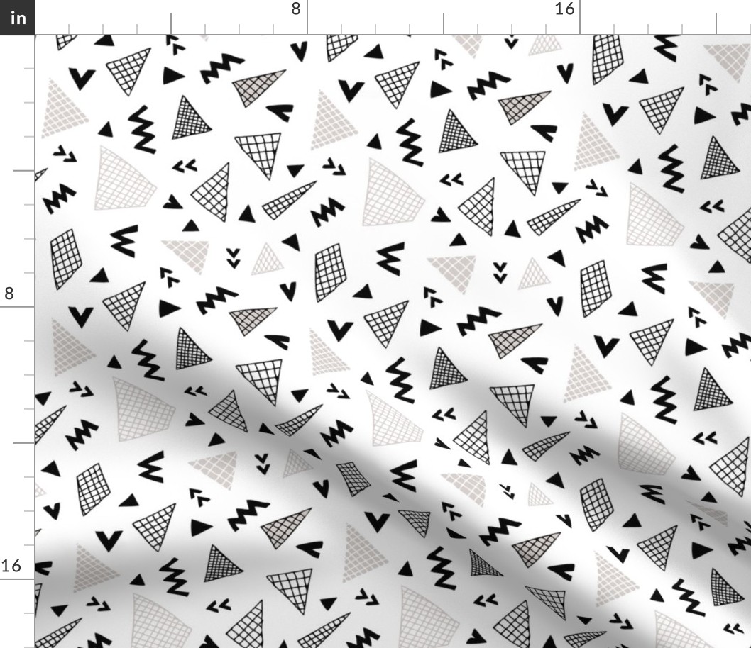 Cool abstract memphis style geometric triangle and arrow shapes gender neutral beige black and white