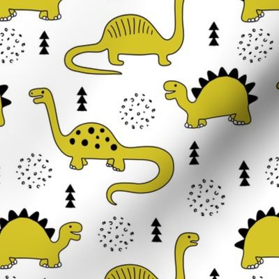 Adorable quirky dino illustration geometric dinosaur animals for kids black and white gender neutral mustard yellow