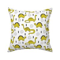 Adorable quirky dino illustration geometric dinosaur animals for kids black and white gender neutral mustard yellow