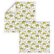 Adorable quirky dino illustration geometric dinosaur animals for kids black and white gender neutral mustard yellow