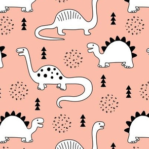 Adorable quirky dino illustration geometric dinosaur animals for kids black and white coral