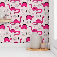 Adorable quirky dino illustration geometric dinosaur animals for kids black and white girls hot pink