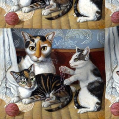 cats kittens mother children siblings family playing wool calico tabby vintage retro kitsch whimsical