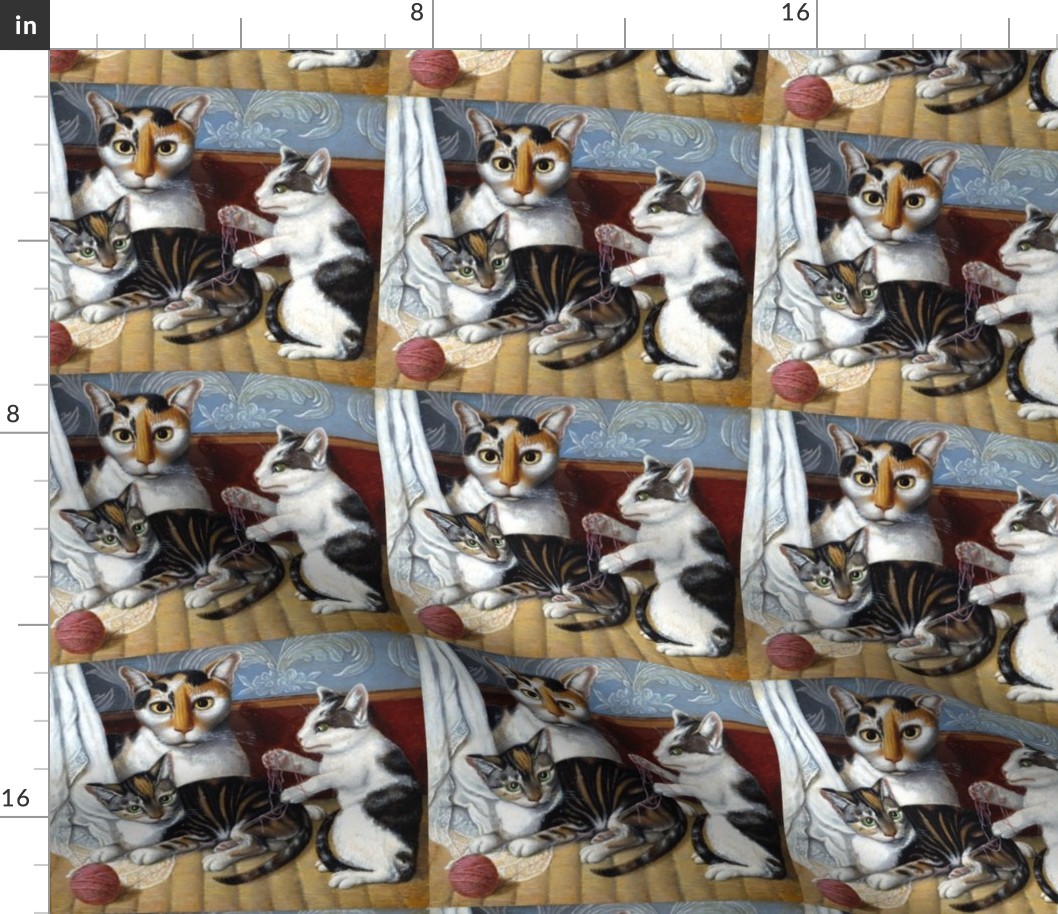 cats kittens mother children siblings family playing wool calico tabby vintage retro kitsch whimsical