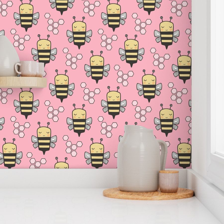 Bees Honeycomb on Pink