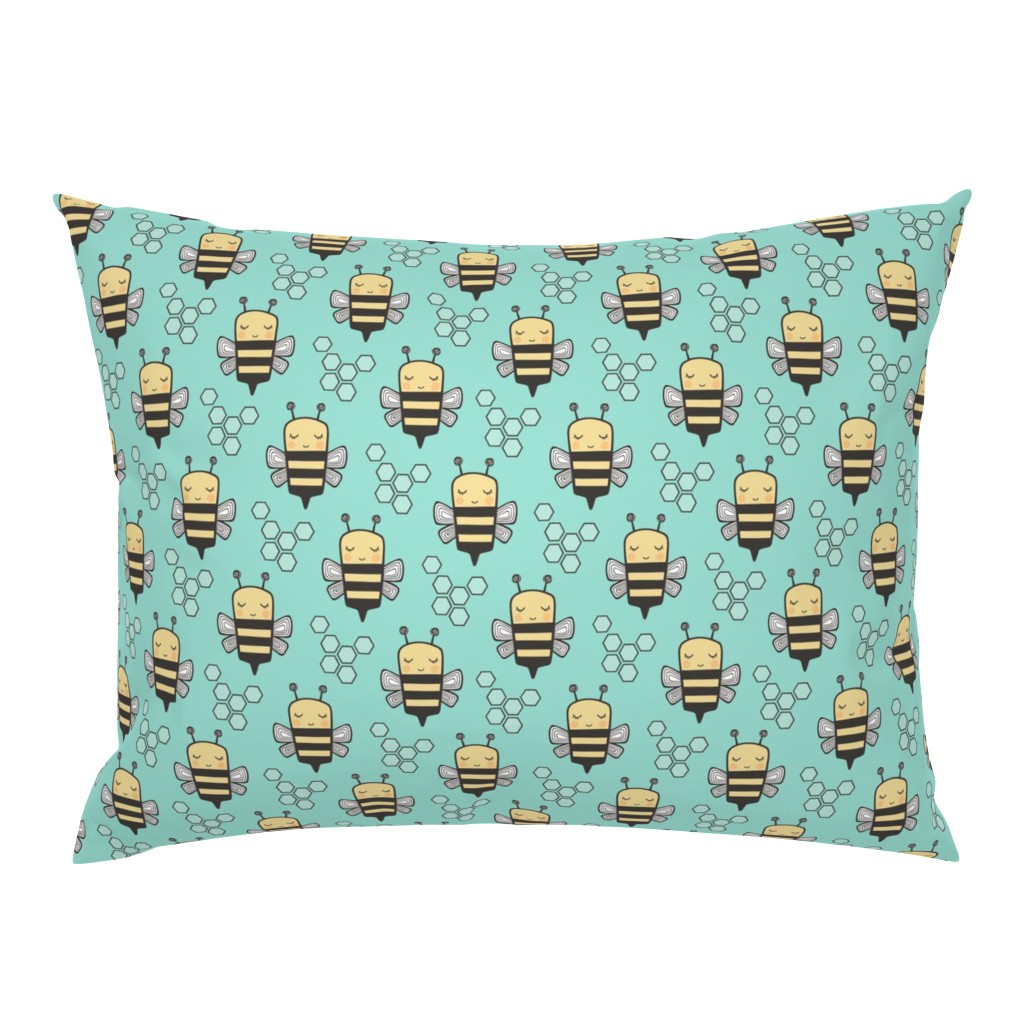 Bees Honeycomb on Mint Green