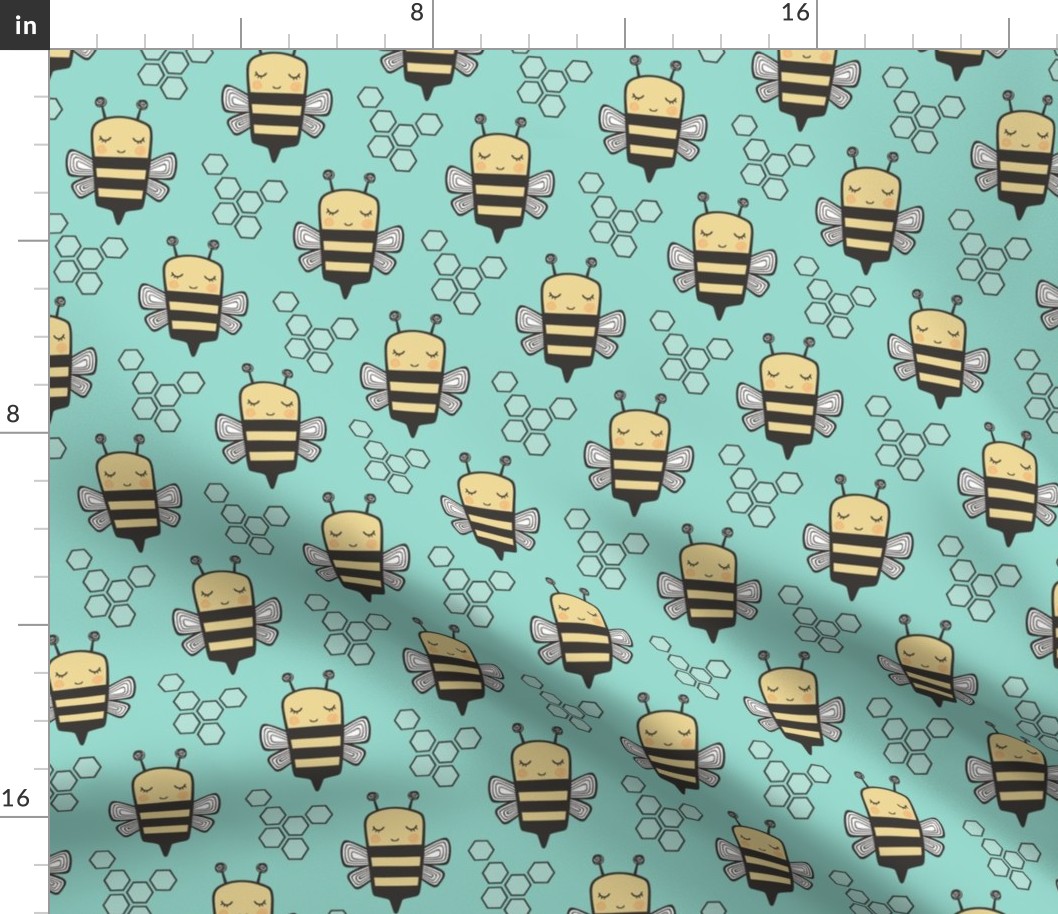 Bees Honeycomb on Mint Green