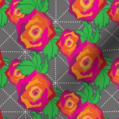 15-07 Large Rose Peach Orange Pink Red on Gray grey Trellis lattice Floral Botanical _Miss Chiff Designs