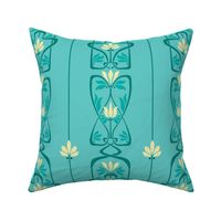 Art Nouveau Flowers and Leaves Teal Yellow