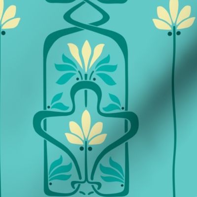 Art Nouveau Flowers and Leaves Teal Yellow