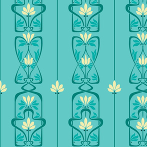 Art Nouveau Flowers and Leaves Teal Yellow