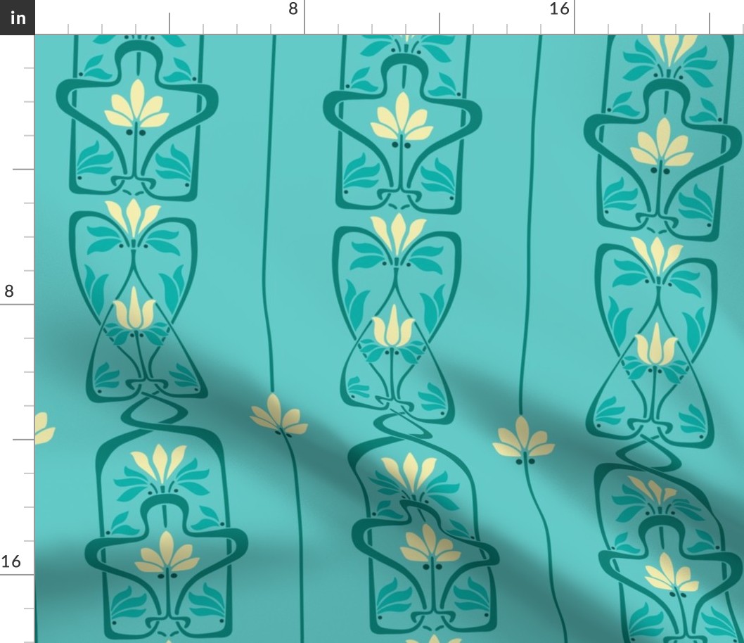 Art Nouveau Flowers and Leaves Teal Yellow