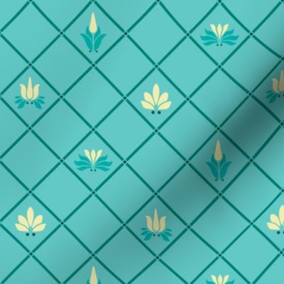 Art Nouveau Flowers and Leaves Trellis Teal Yellow