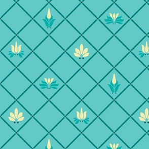 Art Nouveau Flowers and Leaves Trellis Teal Yellow