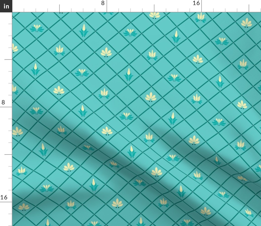 Art Nouveau Flowers and Leaves Trellis Teal Yellow