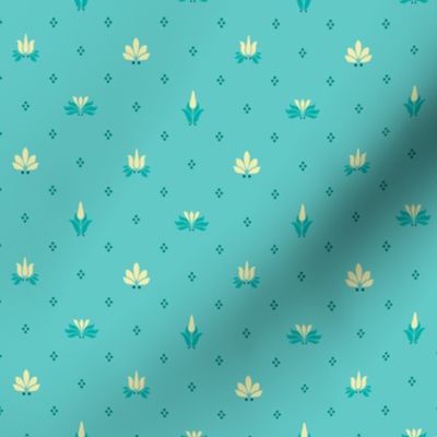 Art Nouveau Flowers and Leaves Allover Teal Yellow