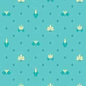 Art Nouveau Flowers and Leaves Allover Teal Yellow