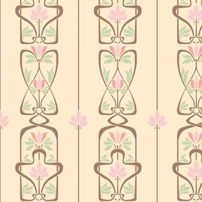 Art Nouveau Flowers and Leaves Cream Brown Pink Green