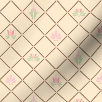 Art Nouveau Flowers and Leaves Trellis Cream Brown Pink Green