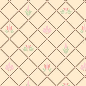 Art Nouveau Flowers and Leaves Trellis Cream Brown Pink Green