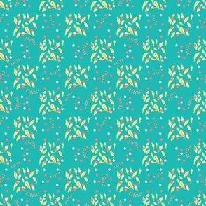 Scattered Tossed Floral Design with Flowers and Leaves on Teal Blue Background, Small Scale