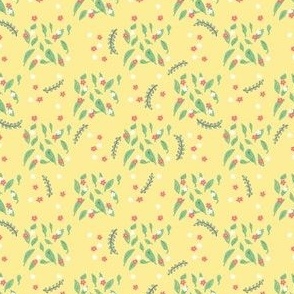 Scattered Tossed Floral Design with Flowers and Leaves on Yellow Background, Small Scale