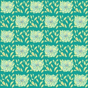 Abstract Yellow and Blue Flower Beauties with Yellow Leaves on Teal Blue Dark Background