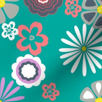 Mod Summer Garden Flowers Blossoms on Teal, Geometric Flowers (large scale)