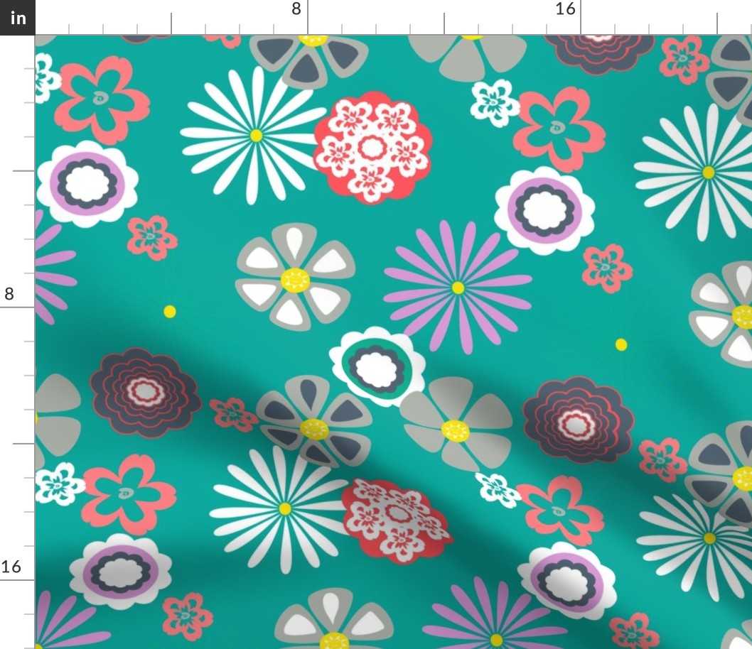 Mod Summer Garden Flowers Blossoms on Teal, Geometric Flowers (large scale)