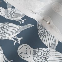 owl // payne's grey dusty blue block printed owl in blue and white 