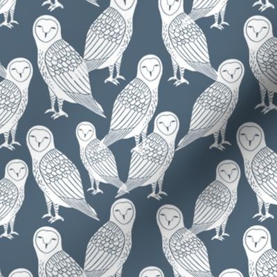 owl // payne's grey dusty blue block printed owl in blue and white 