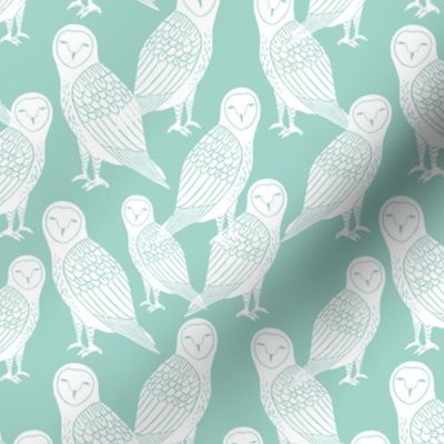 owls // block printed owls on mint hand-carved seamless pattern for kids designs