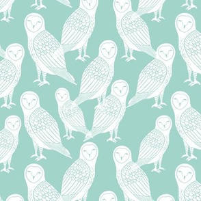 owls // block printed owls on mint hand-carved seamless pattern for kids designs