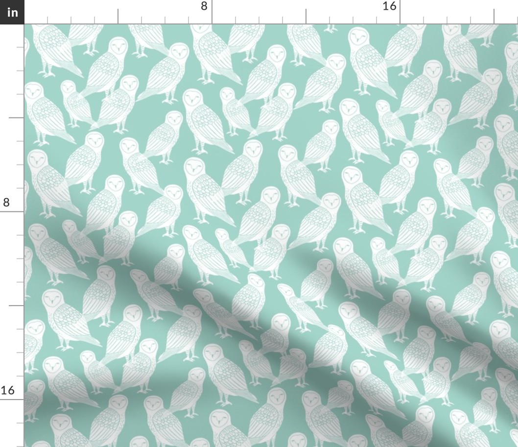owls // block printed owls on mint hand-carved seamless pattern for kids designs