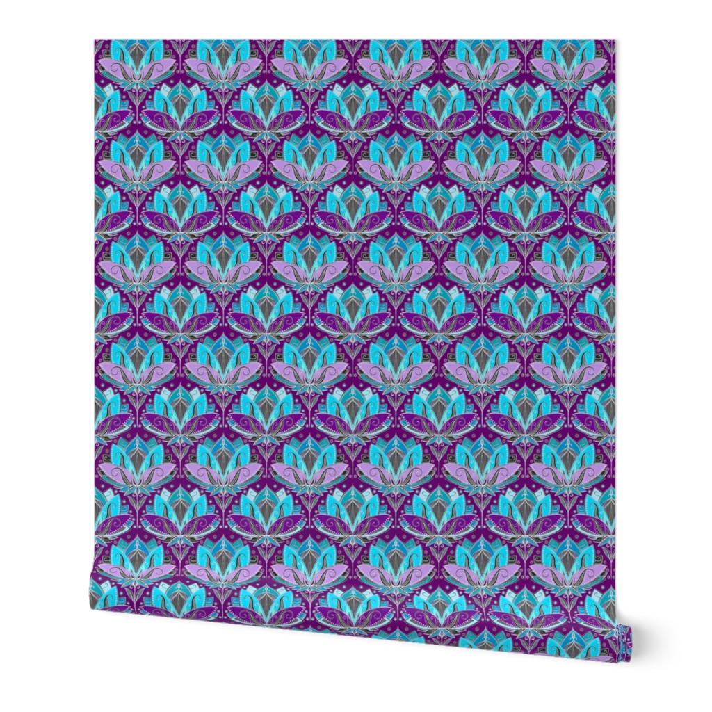 Art Deco Lotus Rising in Turquoise Purple Teal Small Version