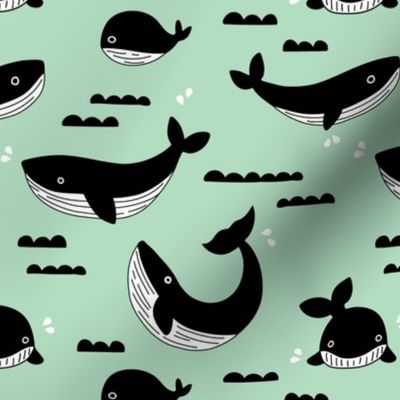 Black and white whale ocean theme illustration design under water world sea life mint