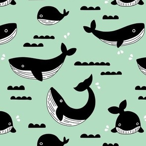 Black and white whale ocean theme illustration design under water world sea life mint