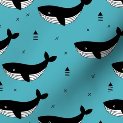 Black and white whale ocean theme illustration design under water world sea life blue