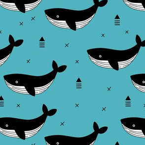Black and white whale ocean theme illustration design under water world sea life blue