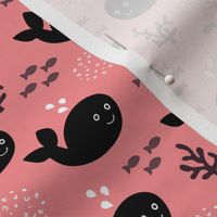 Baby whale fish and coral ocean life kids design black and white pink