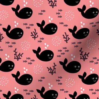 Baby whale fish and coral ocean life kids design black and white pink